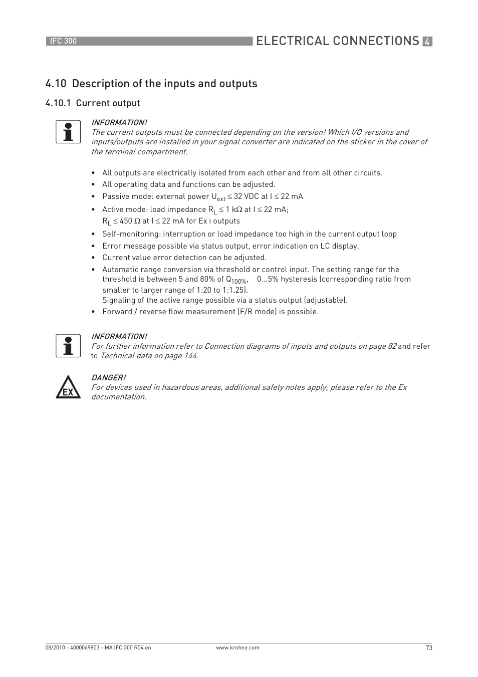 Electrical connections, 10 description of the inputs and outputs, 1 current output | KROHNE IFC 300 Converter EN User Manual | Page 73 / 192