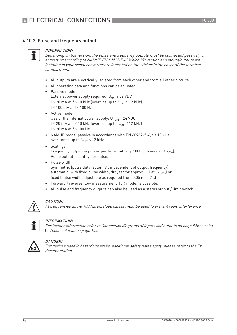 Electrical connections, 2 pulse and frequency output | KROHNE IFC 300 Converter EN User Manual | Page 74 / 192