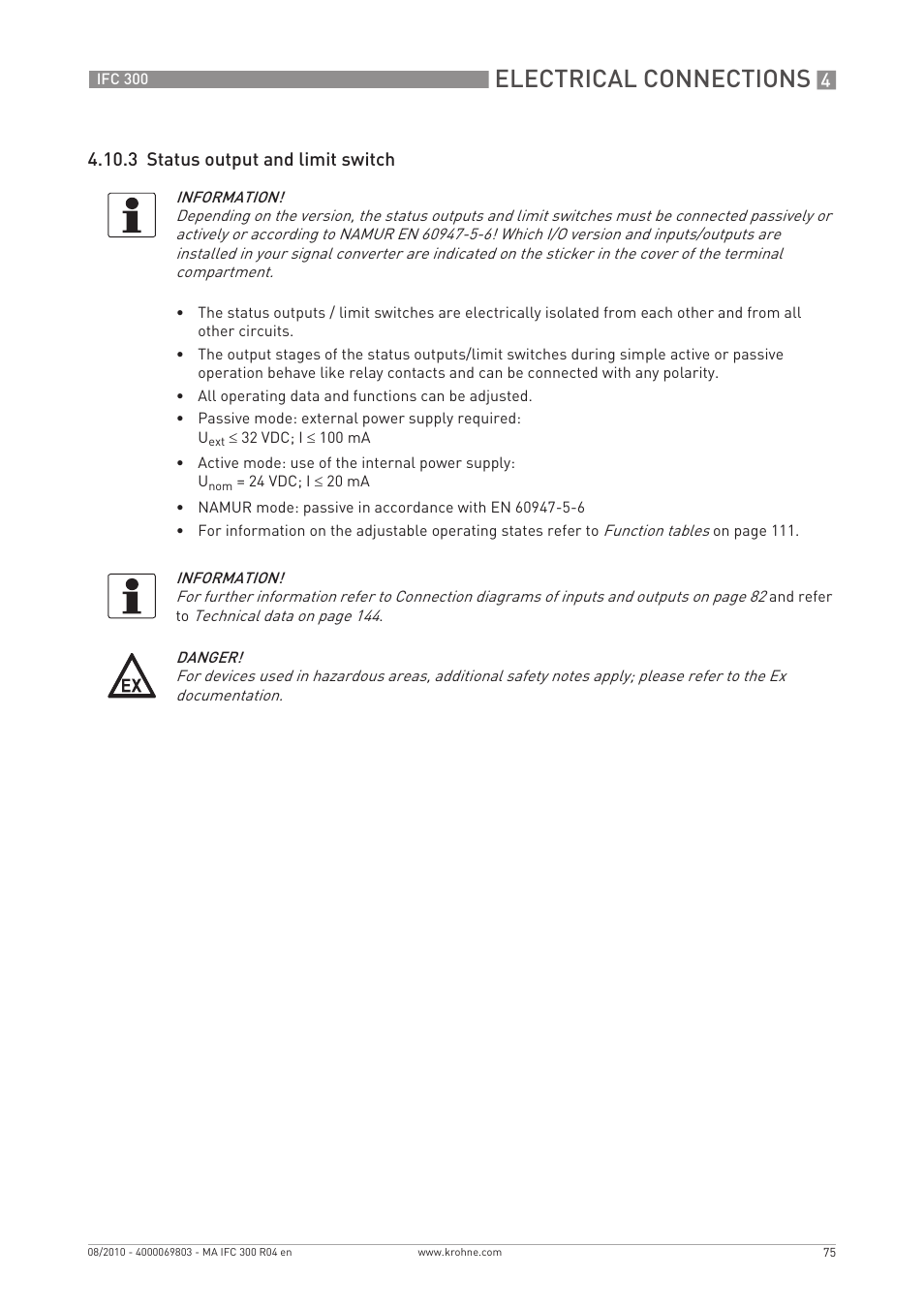 Electrical connections, 3 status output and limit switch | KROHNE IFC 300 Converter EN User Manual | Page 75 / 192
