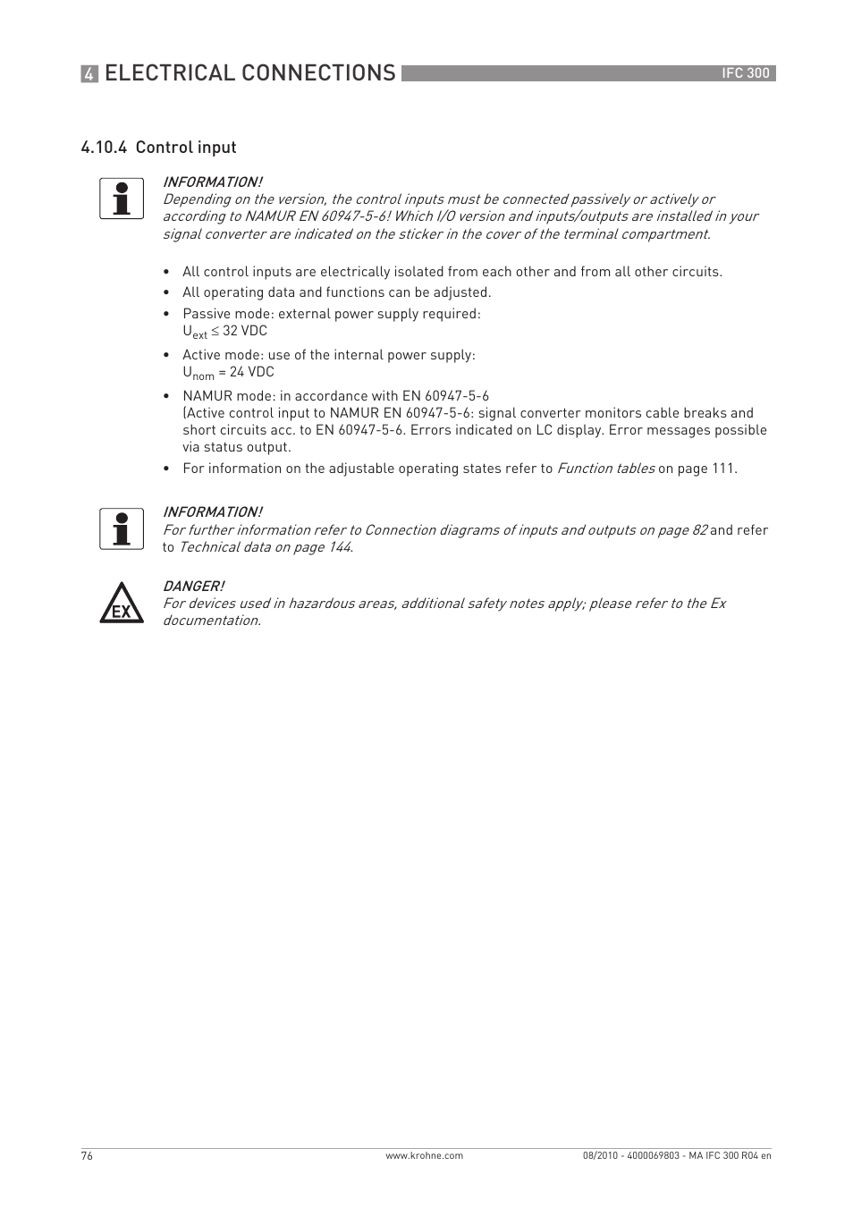 Electrical connections, 4 control input | KROHNE IFC 300 Converter EN User Manual | Page 76 / 192