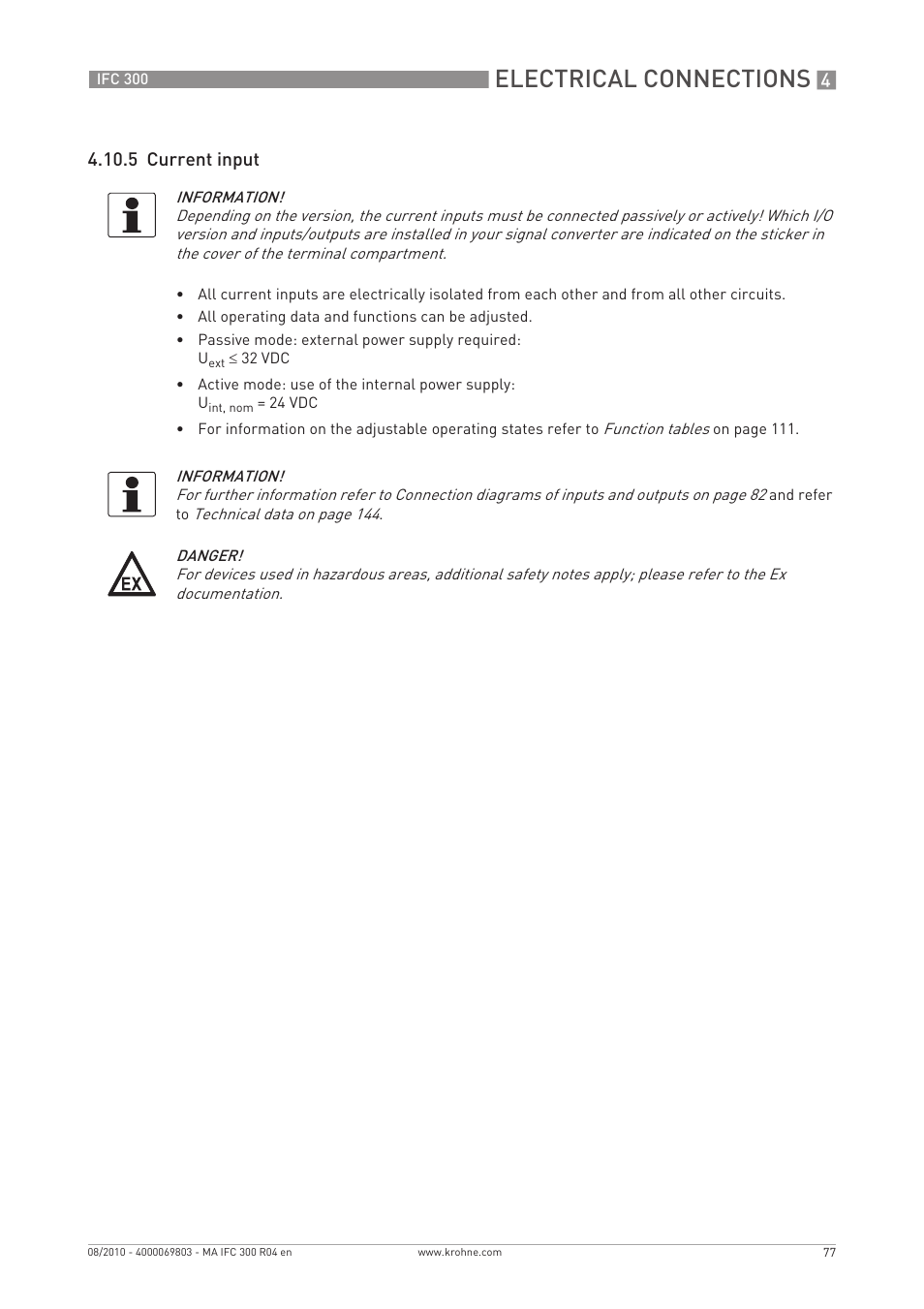 Electrical connections, 5 current input | KROHNE IFC 300 Converter EN User Manual | Page 77 / 192