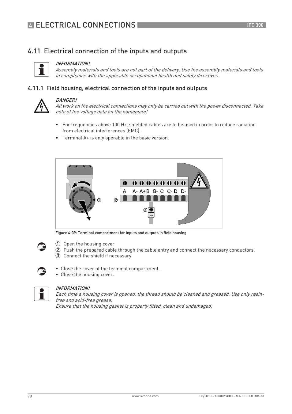 Electrical connections, 11 electrical connection of the inputs and outputs | KROHNE IFC 300 Converter EN User Manual | Page 78 / 192