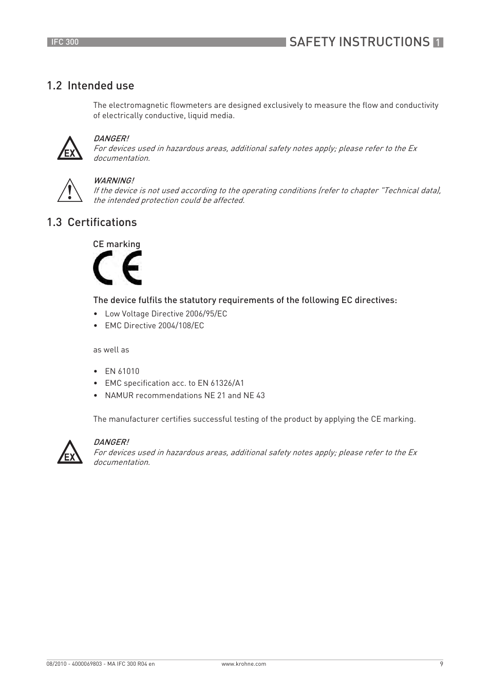 Safety instructions, 2 intended use, 3 certifications | KROHNE IFC 300 Converter EN User Manual | Page 9 / 192