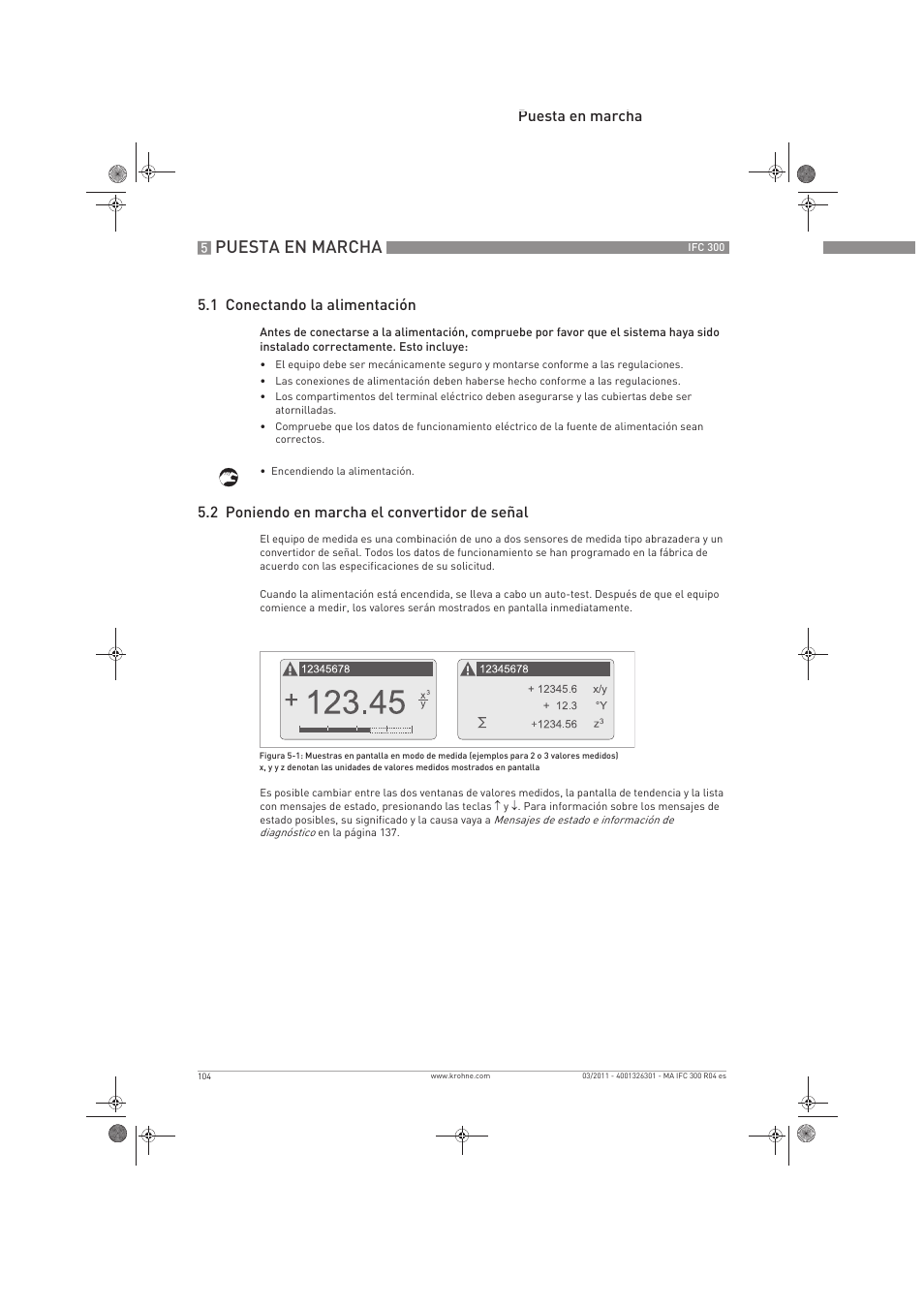 Puesta en marcha, Puesta en marcha 5.1 conectando la alimentación, 2 poniendo en marcha el convertidor de señal | KROHNE IFC 300 Converter ES User Manual | Page 104 / 196