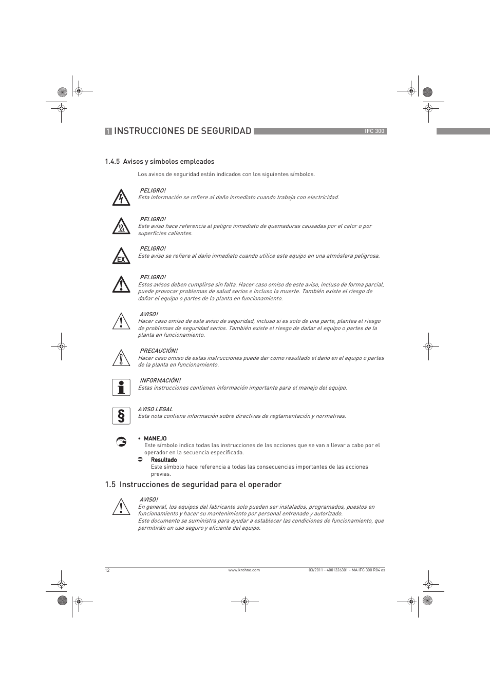 Instrucciones de seguridad, 5 instrucciones de seguridad para el operador | KROHNE IFC 300 Converter ES User Manual | Page 12 / 196
