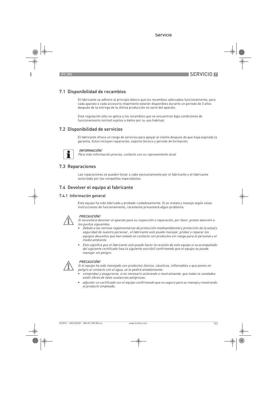 Servicio, Servicio 7.1 disponibilidad de recambios, 2 disponibilidad de servicios | 3 reparaciones, 4 devolver el equipo al fabricante | KROHNE IFC 300 Converter ES User Manual | Page 143 / 196