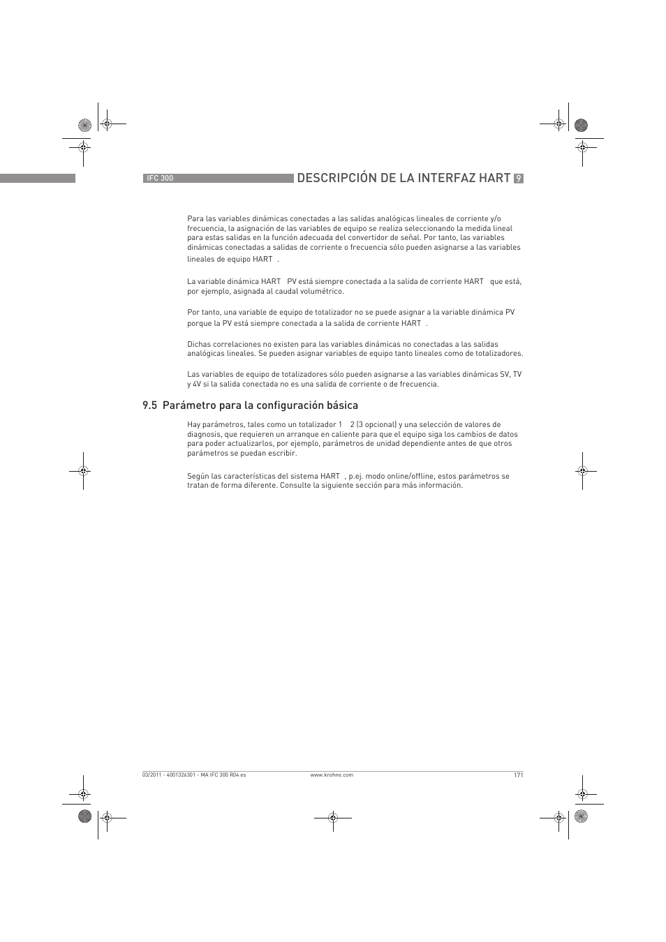 Descripción de la interfaz hart, 5 parámetro para la configuración básica | KROHNE IFC 300 Converter ES User Manual | Page 171 / 196