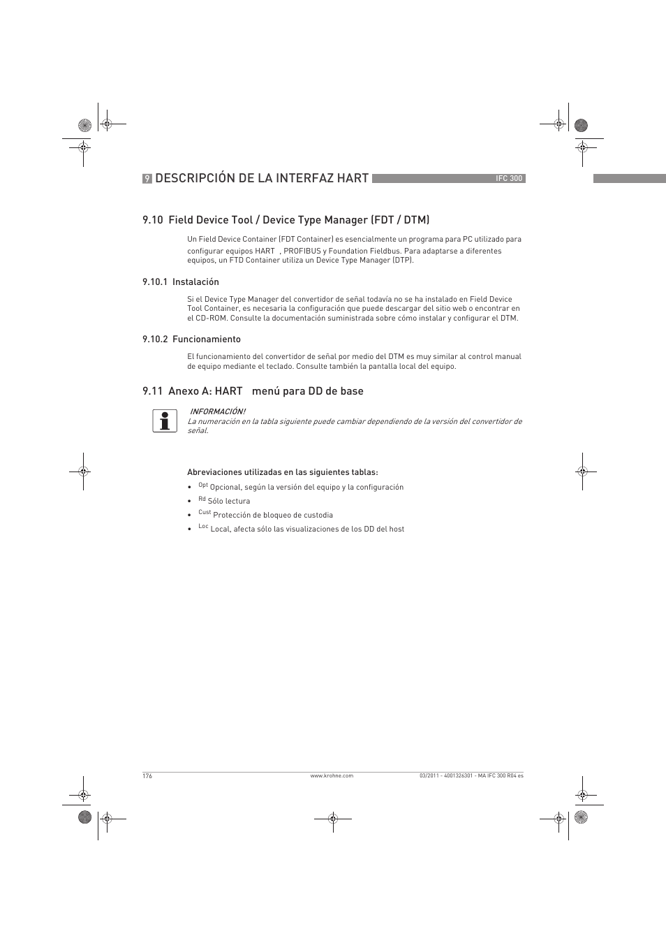 Descripción de la interfaz hart, 11 anexo a: hart, Menú para dd de base | KROHNE IFC 300 Converter ES User Manual | Page 176 / 196