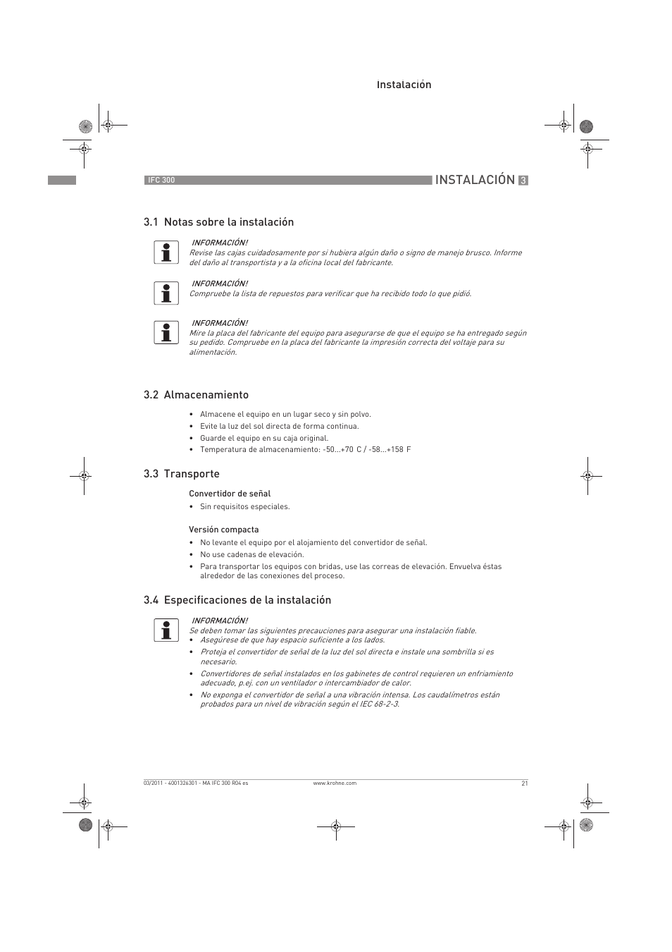 Instalación, 3 transporte, 4 especificaciones de la instalación | KROHNE IFC 300 Converter ES User Manual | Page 21 / 196