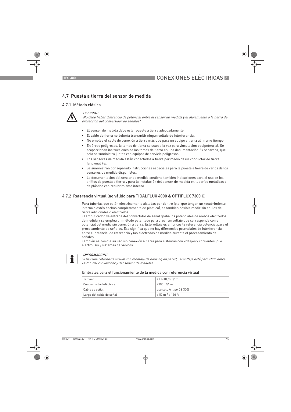 Conexiones eléctricas, 7 puesta a tierra del sensor de medida | KROHNE IFC 300 Converter ES User Manual | Page 65 / 196