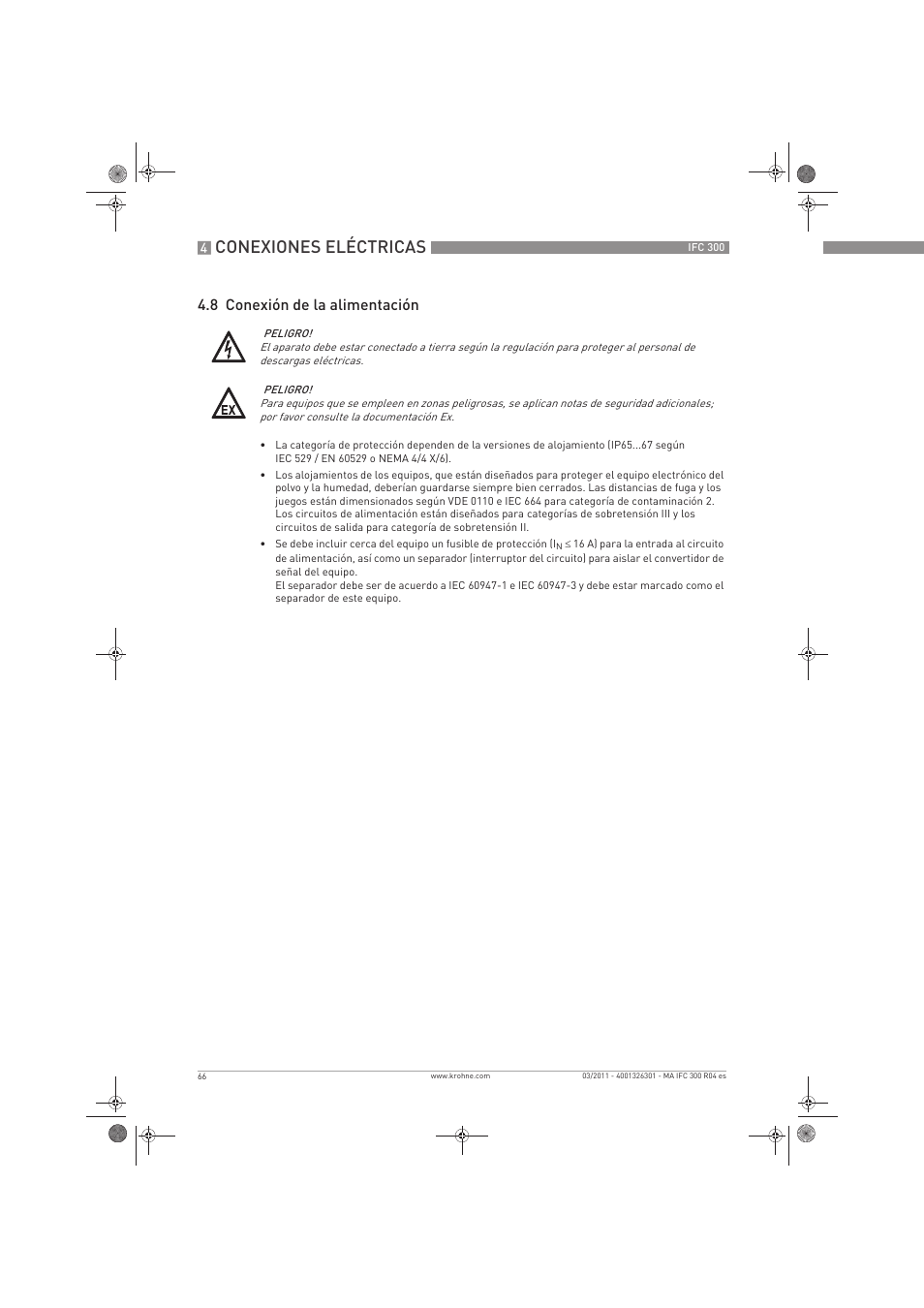 Conexiones eléctricas, 8 conexión de la alimentación | KROHNE IFC 300 Converter ES User Manual | Page 66 / 196