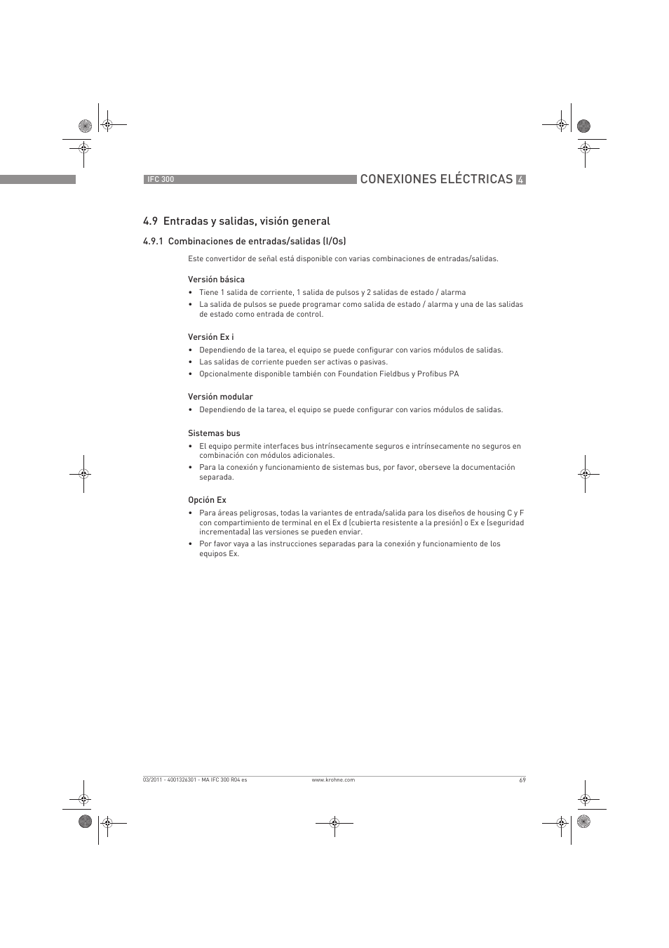 Conexiones eléctricas, 9 entradas y salidas, visión general | KROHNE IFC 300 Converter ES User Manual | Page 69 / 196