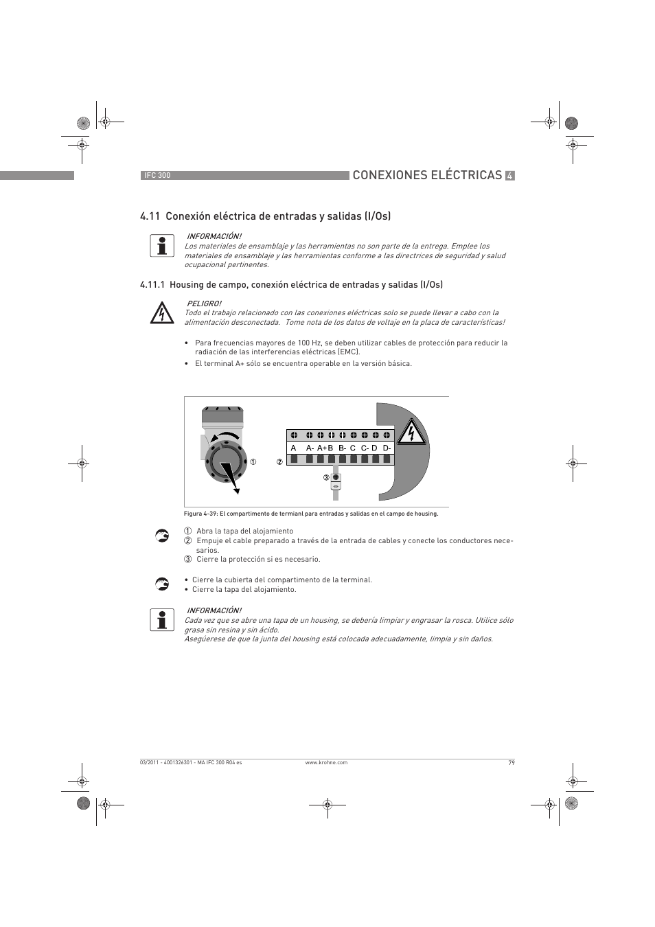 Conexiones eléctricas, 11 conexión eléctrica de entradas y salidas (i/os) | KROHNE IFC 300 Converter ES User Manual | Page 79 / 196