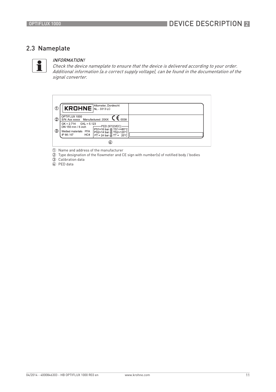 Device description, 3 nameplate | KROHNE OPTIFLUX 1000 EN User Manual | Page 11 / 32