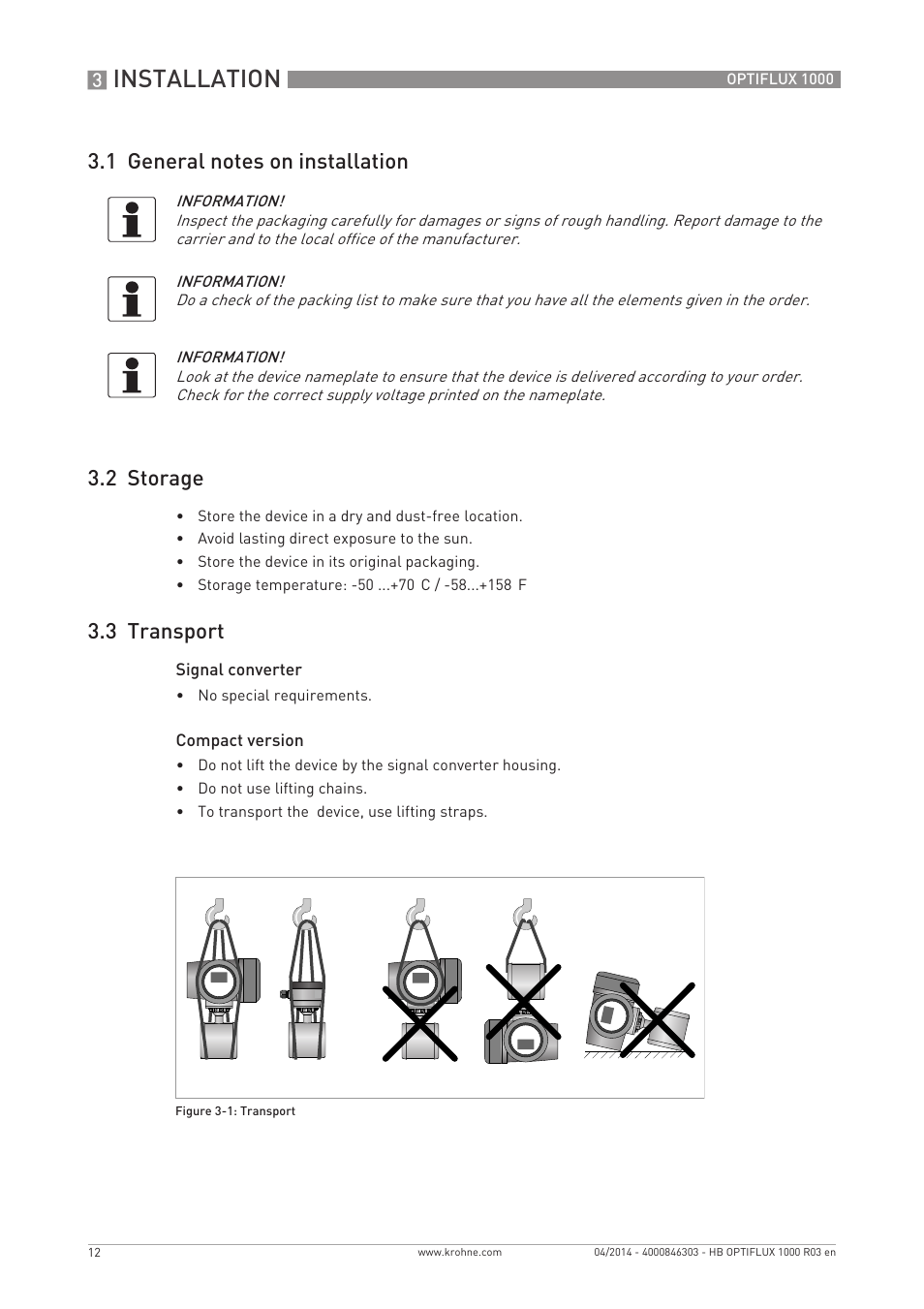 Installation, 3 transport | KROHNE OPTIFLUX 1000 EN User Manual | Page 12 / 32