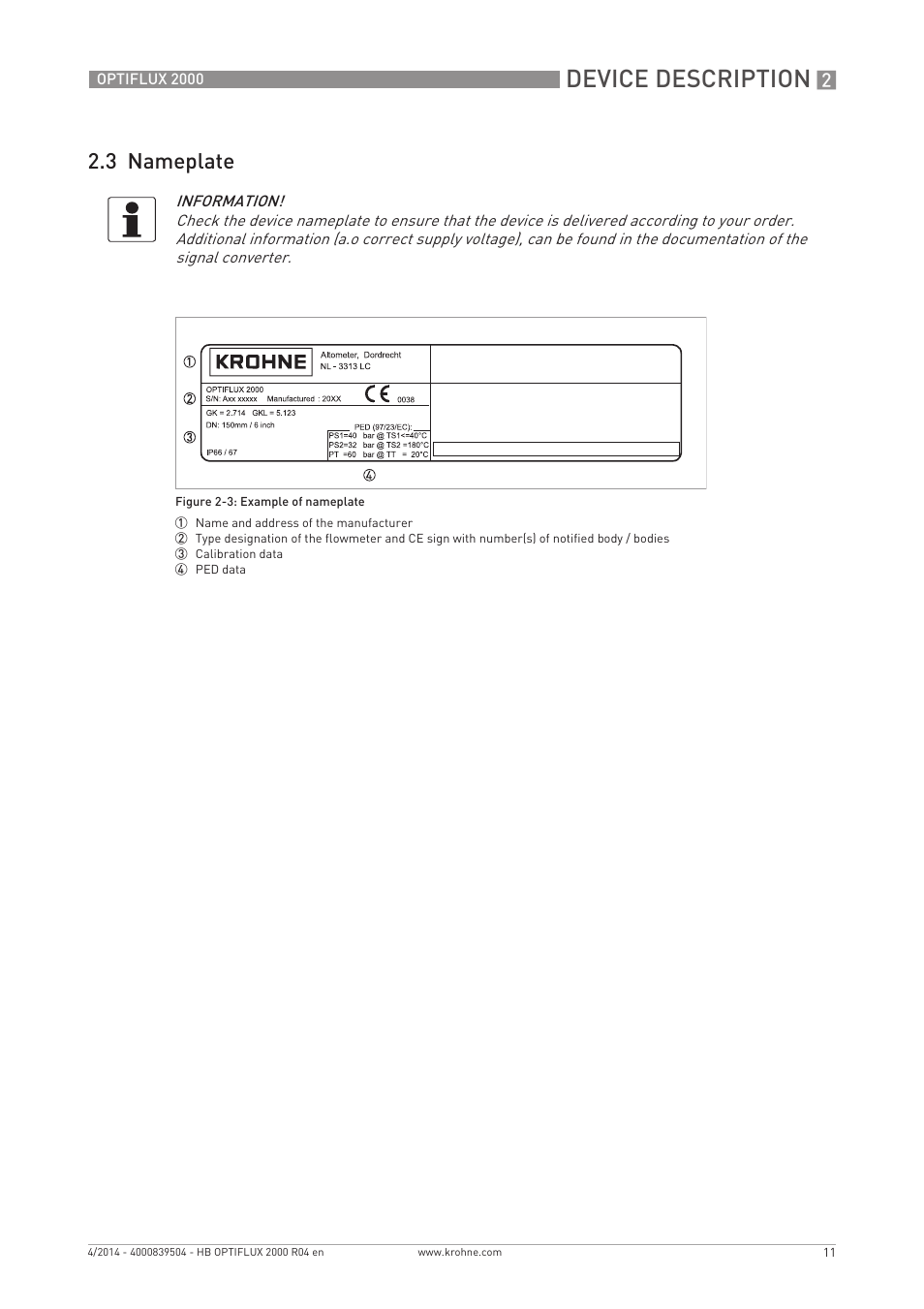 Device description, 3 nameplate | KROHNE OPTIFLUX 2000 EN User Manual | Page 11 / 48