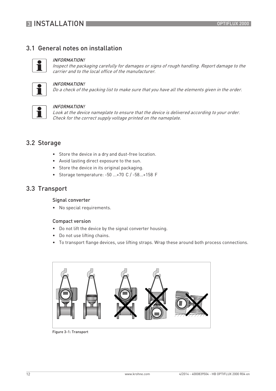 Installation, 3 transport | KROHNE OPTIFLUX 2000 EN User Manual | Page 12 / 48