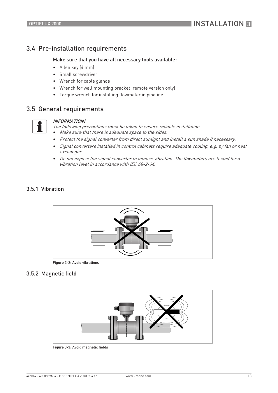 Installation, 4 pre-installation requirements, 5 general requirements | KROHNE OPTIFLUX 2000 EN User Manual | Page 13 / 48