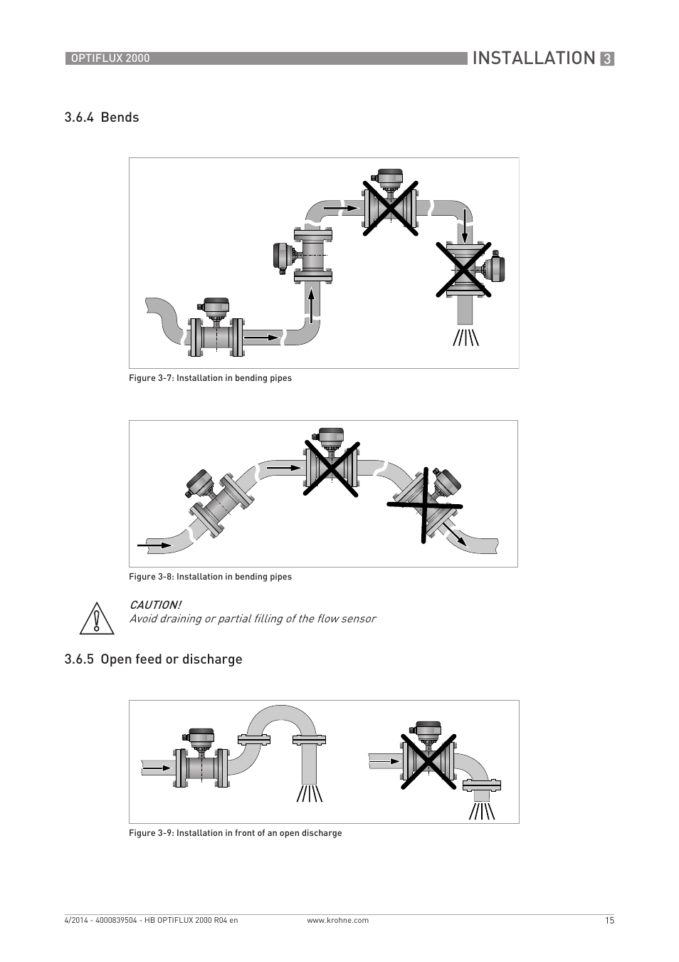 Installation, 4 bends 3.6.5 open feed or discharge | KROHNE OPTIFLUX 2000 EN User Manual | Page 15 / 48