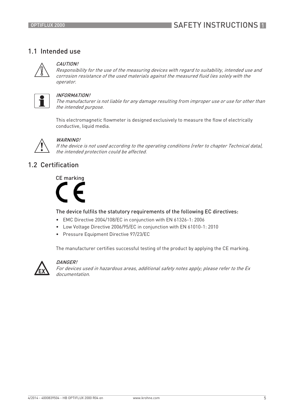 Safety instructions, 1 intended use, 2 certification | KROHNE OPTIFLUX 2000 EN User Manual | Page 5 / 48