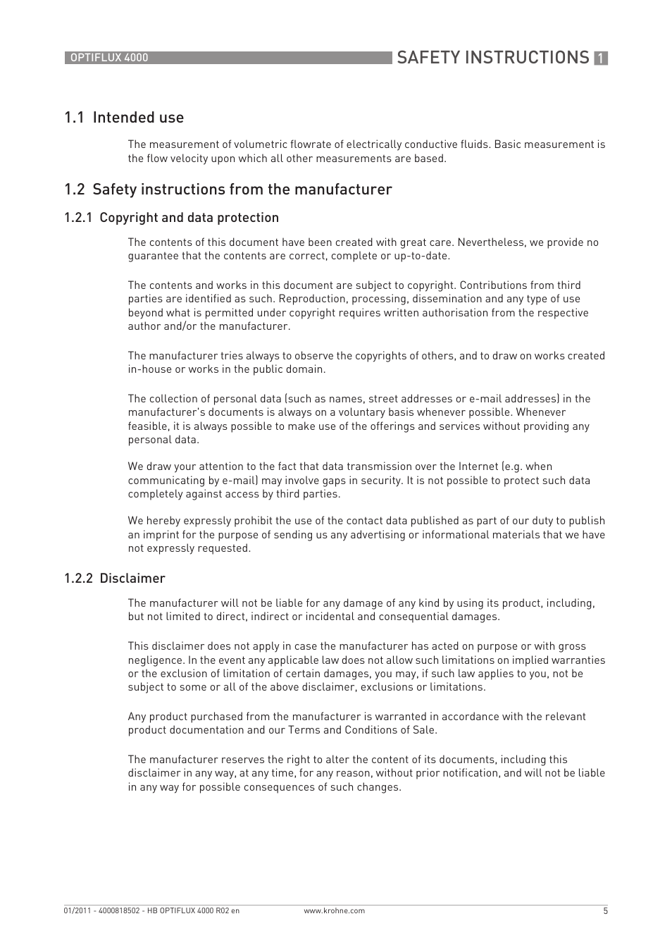 Safety instructions, 1 intended use, 2 safety instructions from the manufacturer | KROHNE OPTIFLUX 4000 EN User Manual | Page 5 / 36