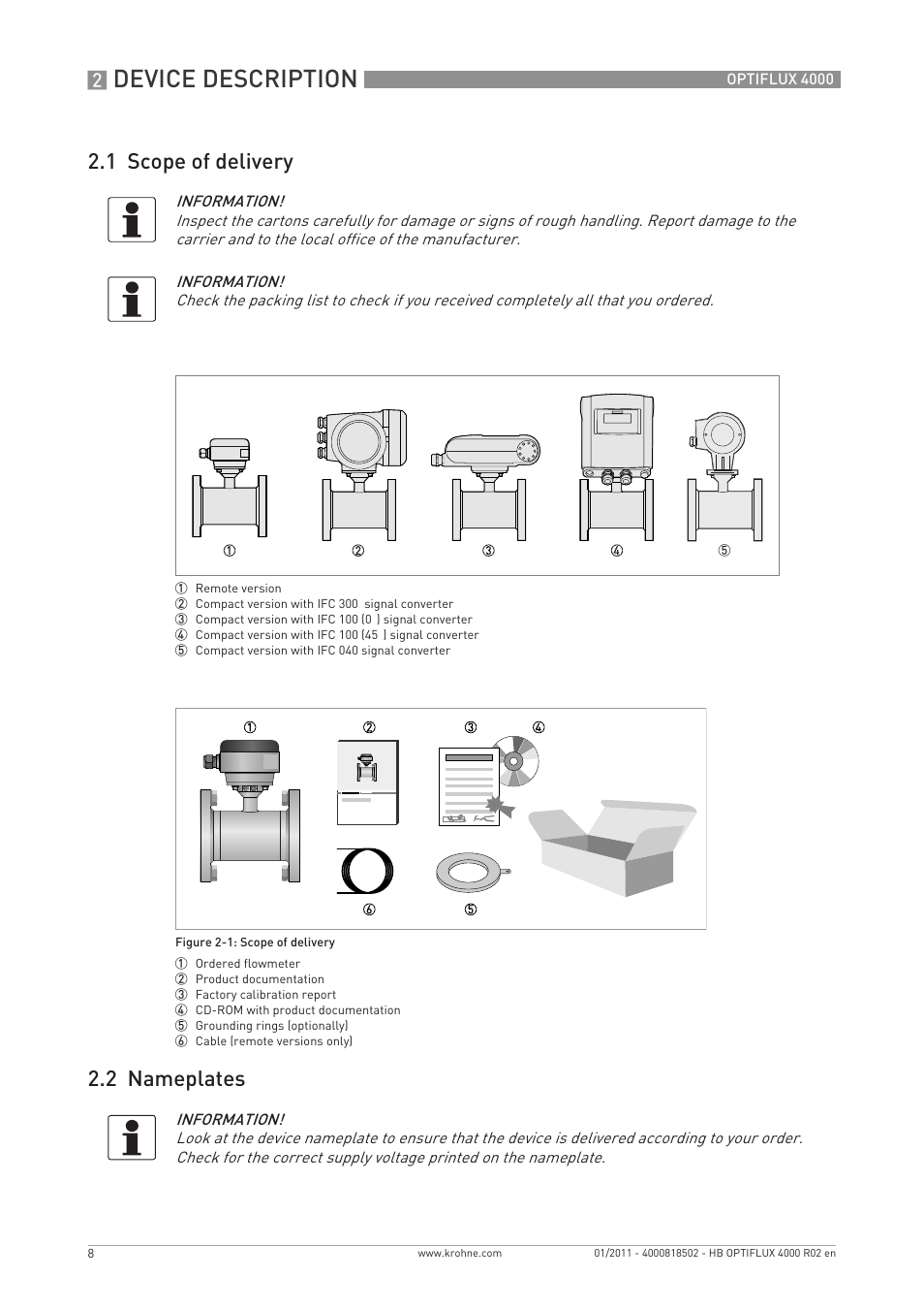 Device description, 1 scope of delivery 2.2 nameplates | KROHNE OPTIFLUX 4000 EN User Manual | Page 8 / 36