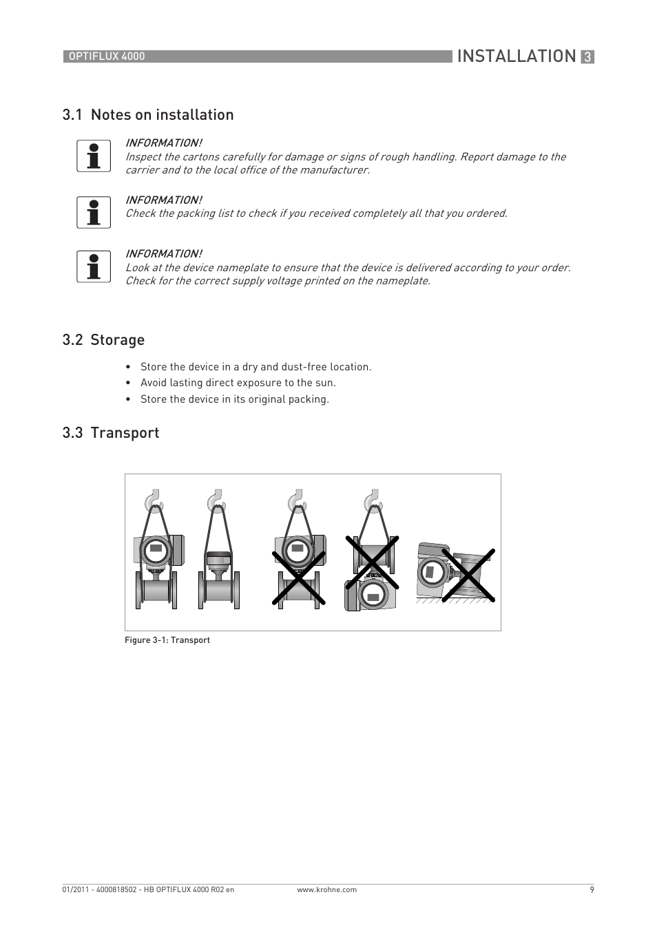 Installation, 3 transport | KROHNE OPTIFLUX 4000 EN User Manual | Page 9 / 36