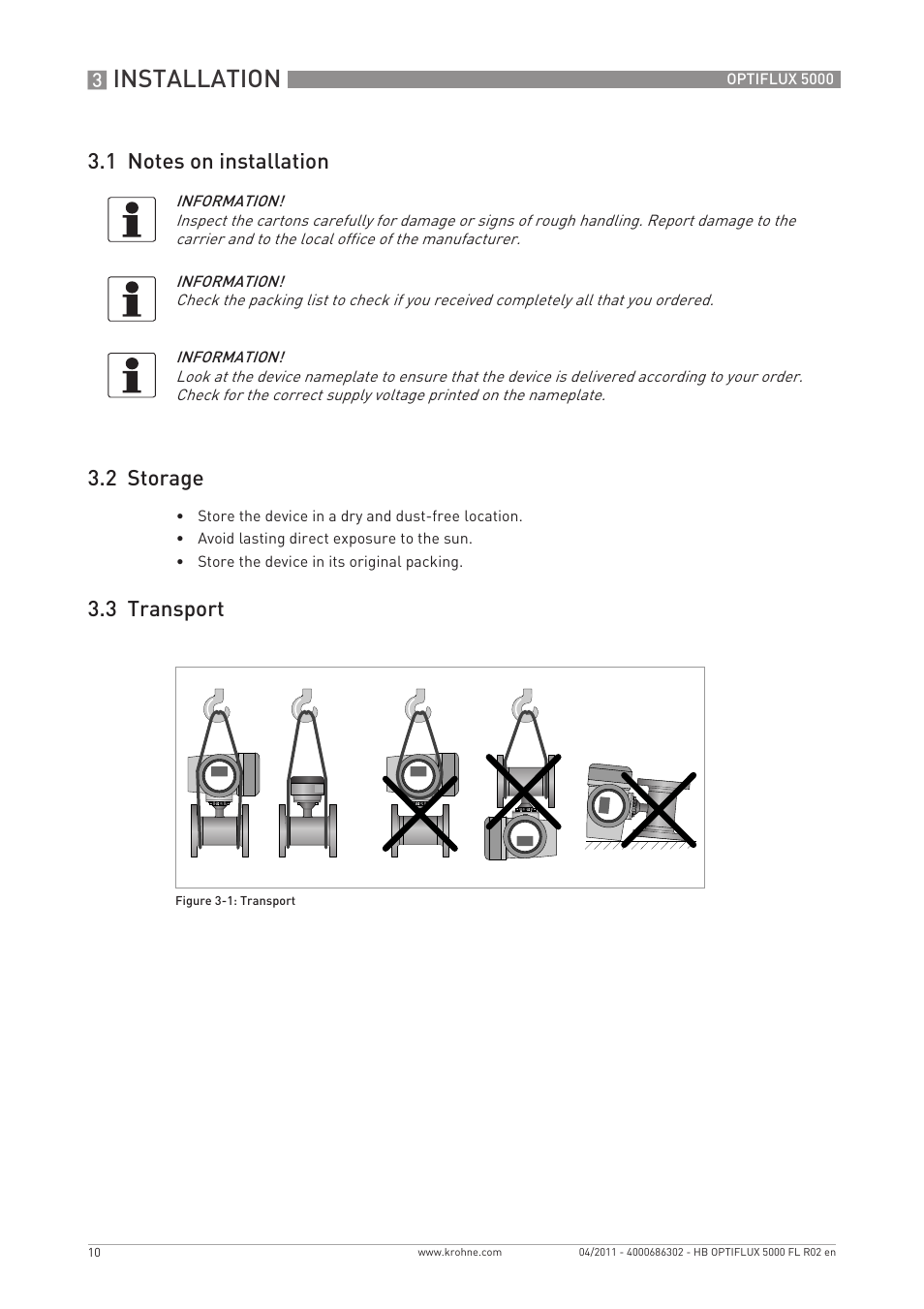 Installation, 3 transport | KROHNE OPTIFLUX 5000 Flange EN User Manual | Page 10 / 32