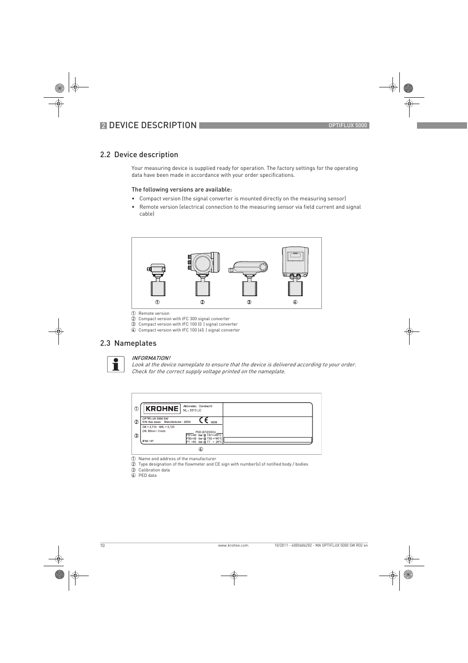 Device description, 2 device description, 3 nameplates | KROHNE OPTIFLUX 5000 Sandwich EN User Manual | Page 10 / 36