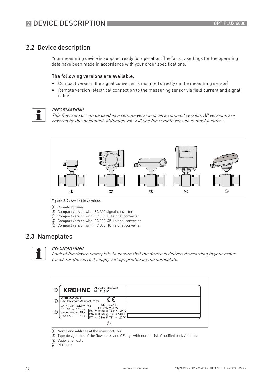 Device description, 2 device description, 3 nameplates | KROHNE OPTIFLUX 6000 EN User Manual | Page 10 / 40