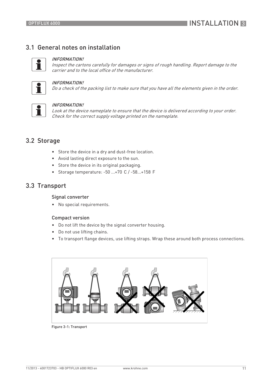 Installation, 3 transport | KROHNE OPTIFLUX 6000 EN User Manual | Page 11 / 40