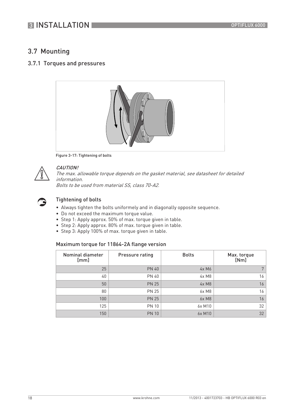 Installation, 7 mounting, 1 torques and pressures | KROHNE OPTIFLUX 6000 EN User Manual | Page 18 / 40