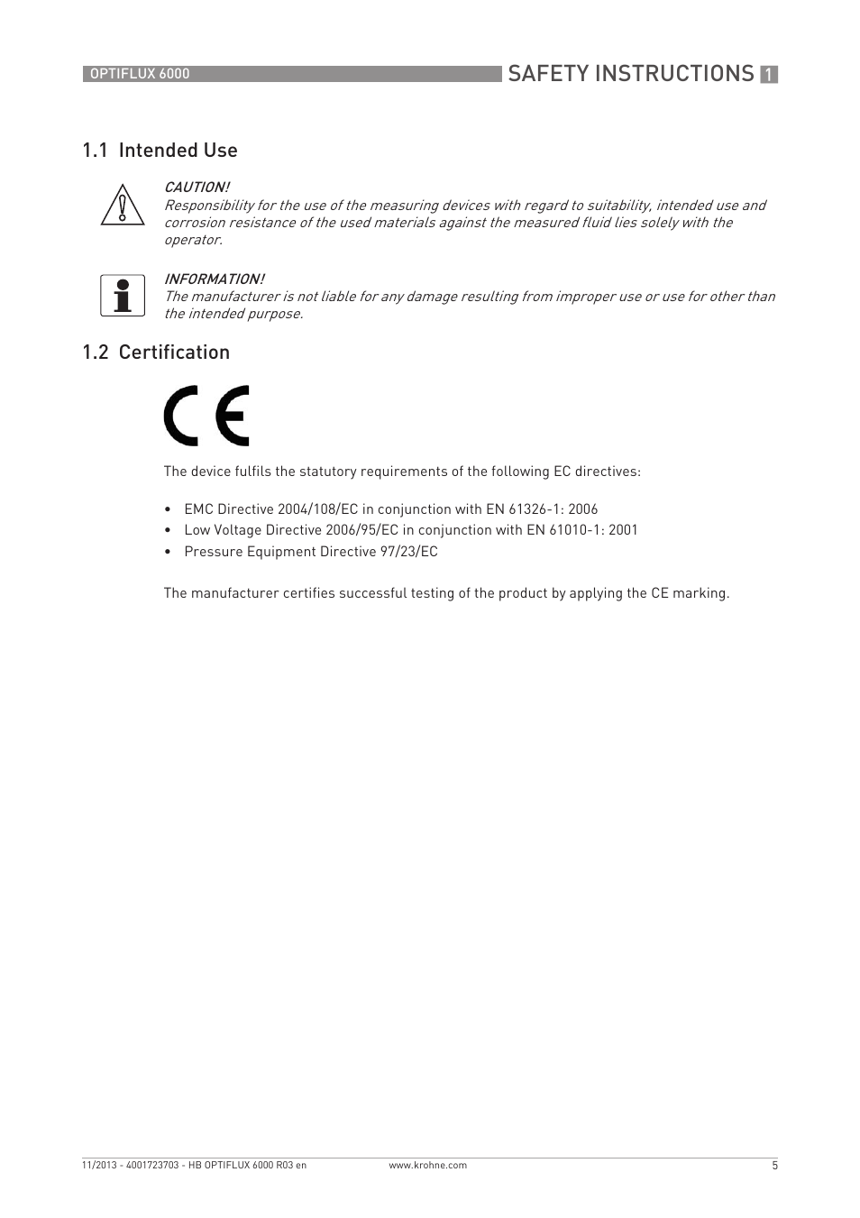 Safety instructions, 1 intended use 1.2 certification | KROHNE OPTIFLUX 6000 EN User Manual | Page 5 / 40