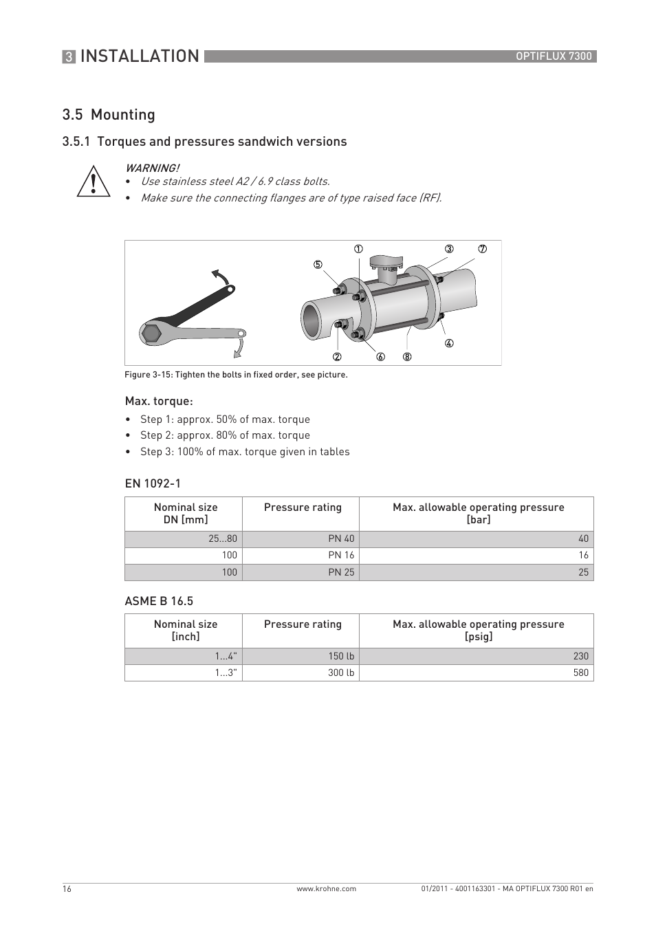 Installation, 5 mounting, 1 torques and pressures sandwich versions | KROHNE OPTIFLUX 7300 EN User Manual | Page 16 / 40