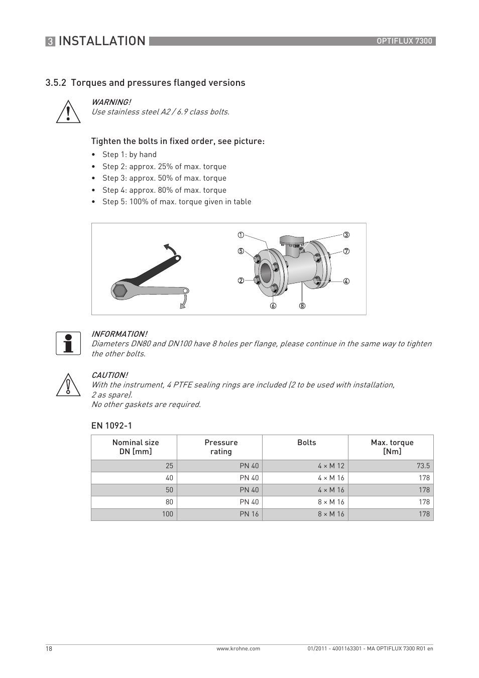 Installation, 2 torques and pressures flanged versions | KROHNE OPTIFLUX 7300 EN User Manual | Page 18 / 40