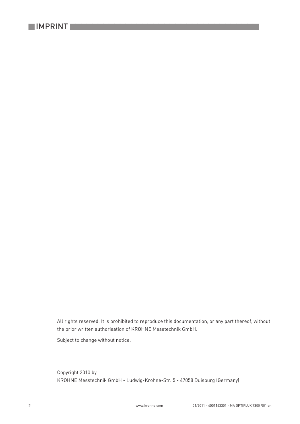 Imprint | KROHNE OPTIFLUX 7300 EN User Manual | Page 2 / 40