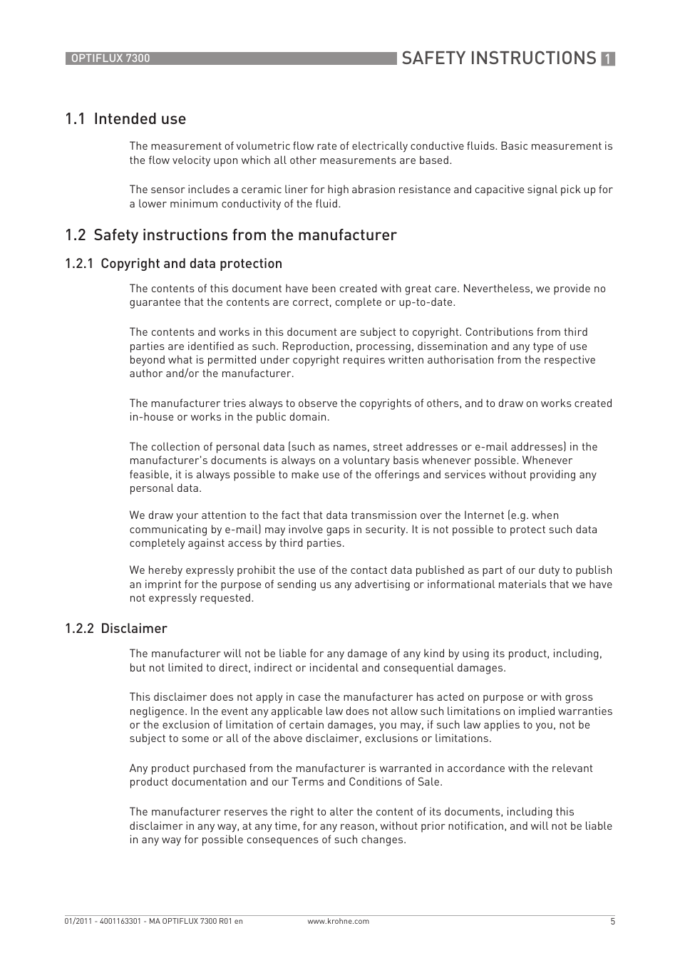 Safety instructions, 1 intended use, 2 safety instructions from the manufacturer | KROHNE OPTIFLUX 7300 EN User Manual | Page 5 / 40