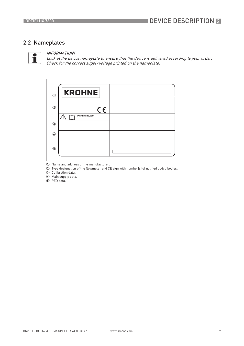 Device description, 2 nameplates | KROHNE OPTIFLUX 7300 EN User Manual | Page 9 / 40