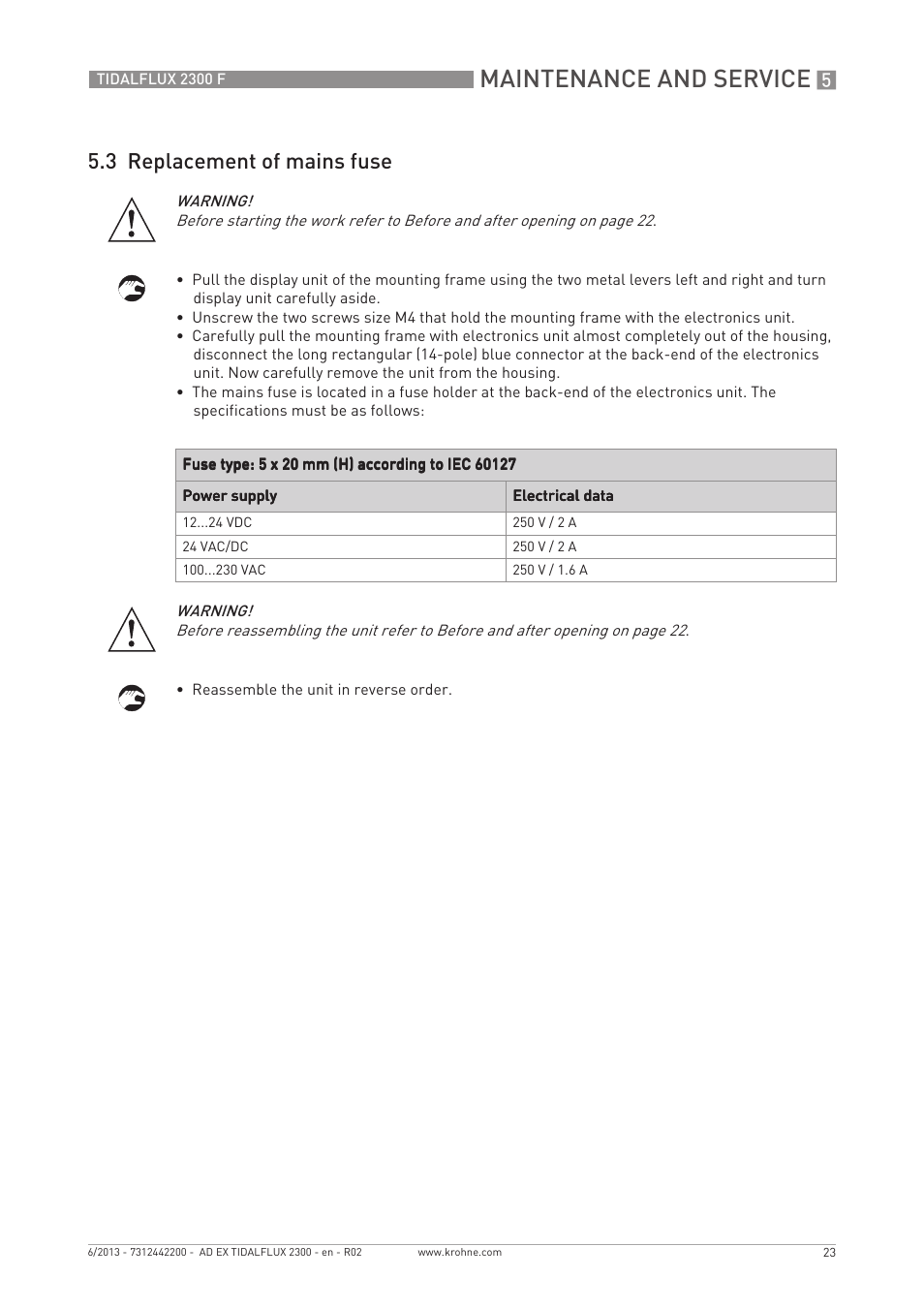 Maintenance and service, 3 replacement of mains fuse | KROHNE TIDALFLUX 2300 F Ex EN User Manual | Page 23 / 24