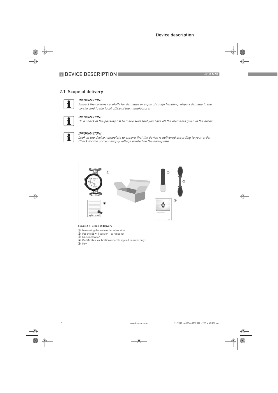 Device description, Device description 2.1 scope of delivery | KROHNE H250 M40 EN User Manual | Page 10 / 80