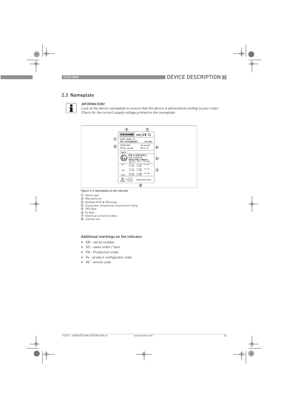 Device description, 3 nameplate | KROHNE H250 M40 EN User Manual | Page 15 / 80