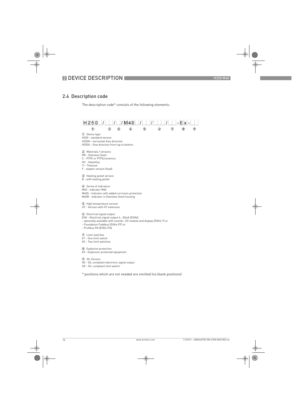 Device description, 4 description code | KROHNE H250 M40 EN User Manual | Page 16 / 80