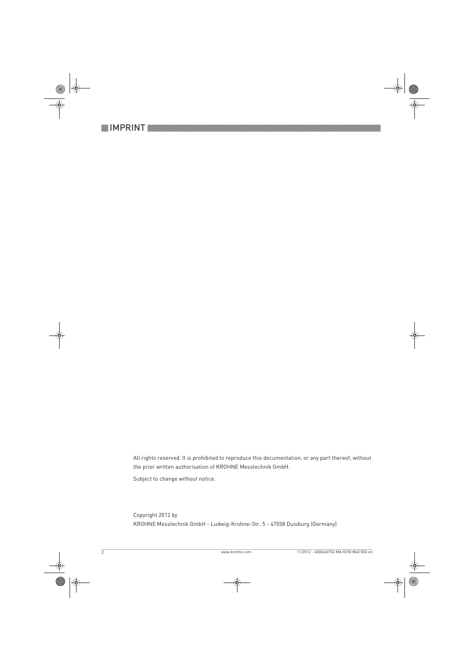 Imprint | KROHNE H250 M40 EN User Manual | Page 2 / 80