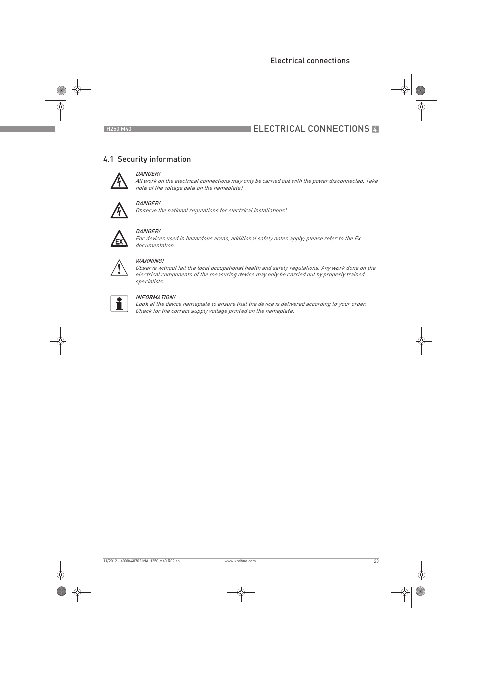 Electrical connections, Electrical connections 4.1 security information | KROHNE H250 M40 EN User Manual | Page 23 / 80