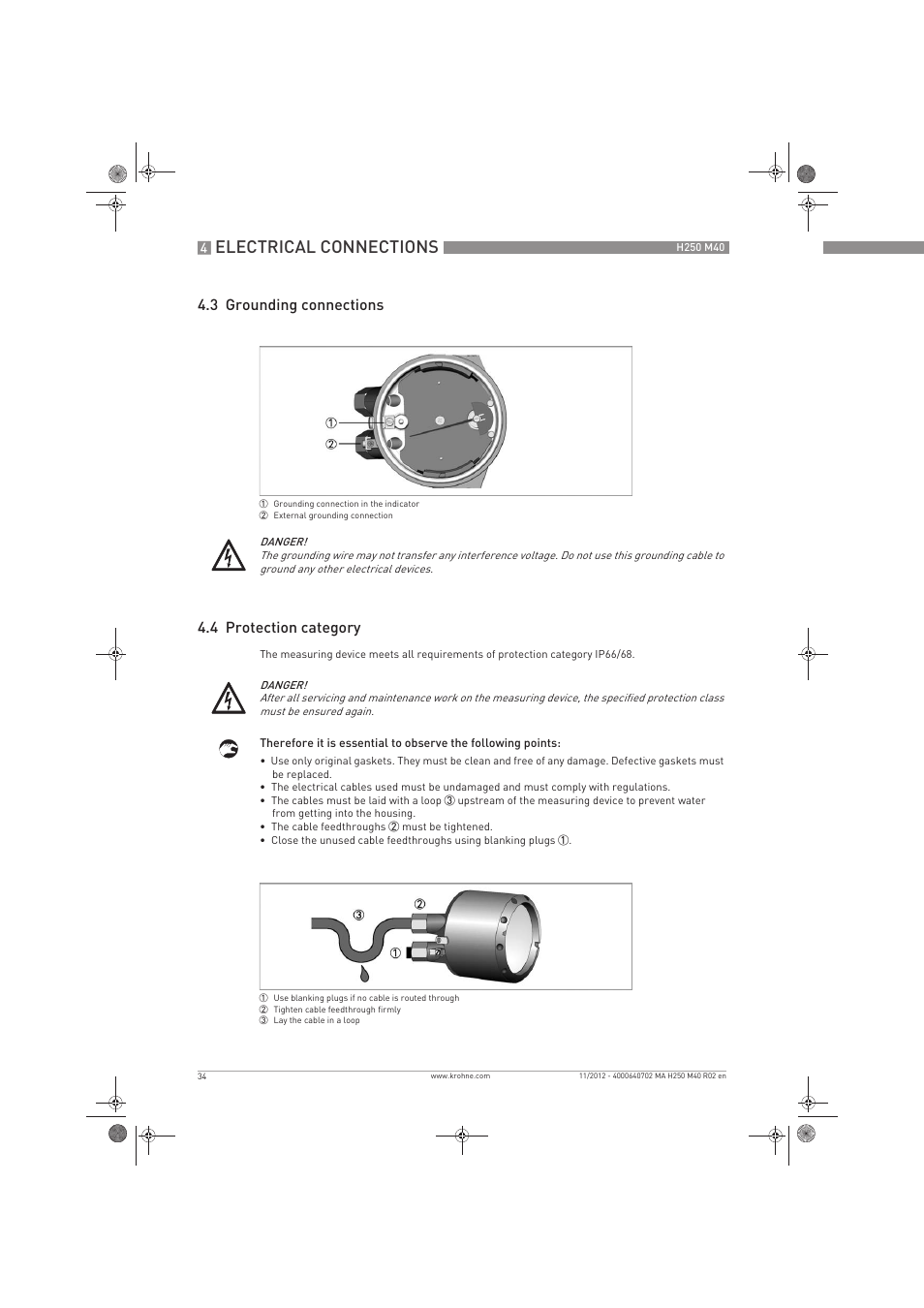 Electrical connections, 3 grounding connections 4.4 protection category | KROHNE H250 M40 EN User Manual | Page 34 / 80