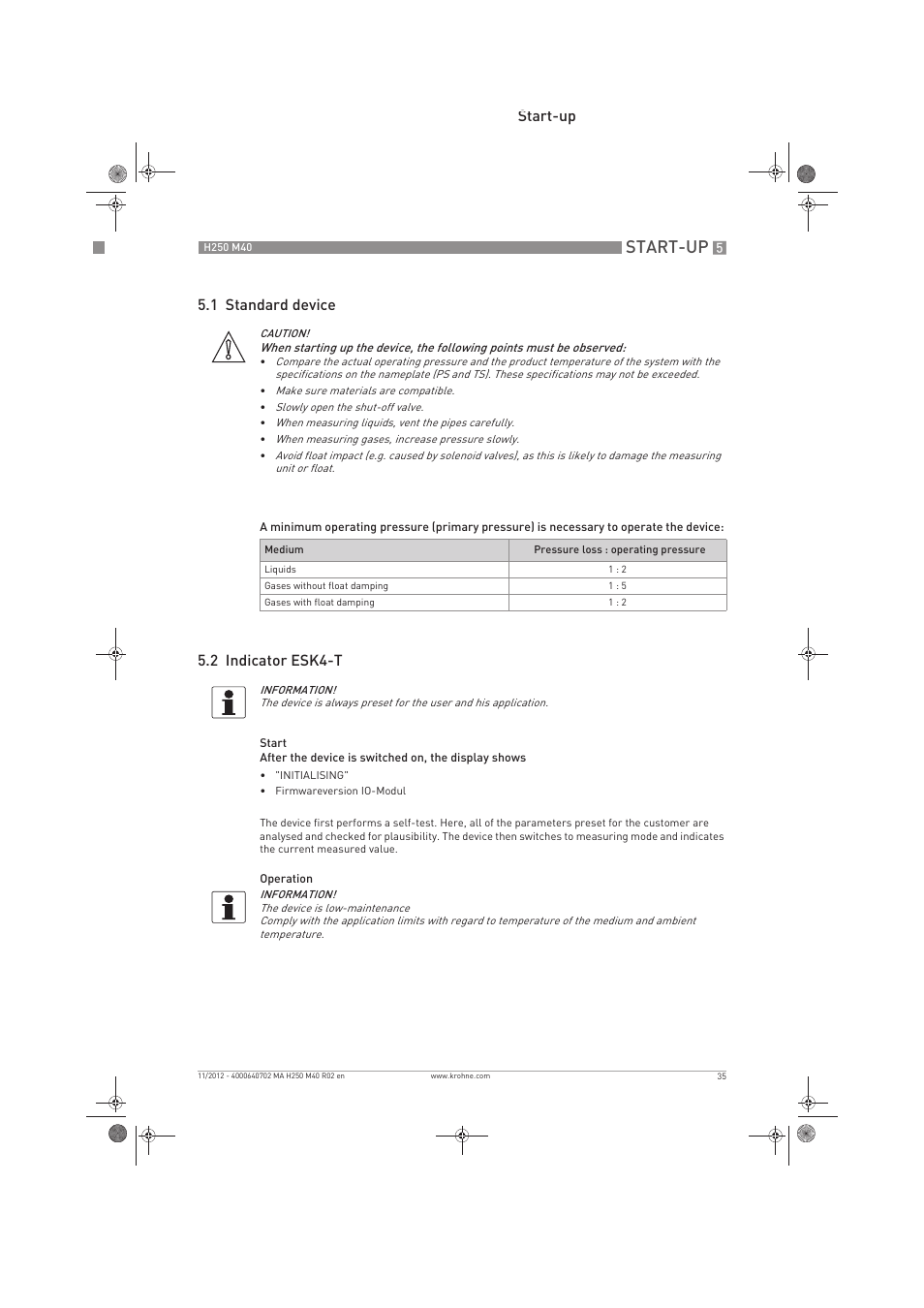 Start-up, Start-up 5.1 standard device, 2 indicator esk4-t | KROHNE H250 M40 EN User Manual | Page 35 / 80