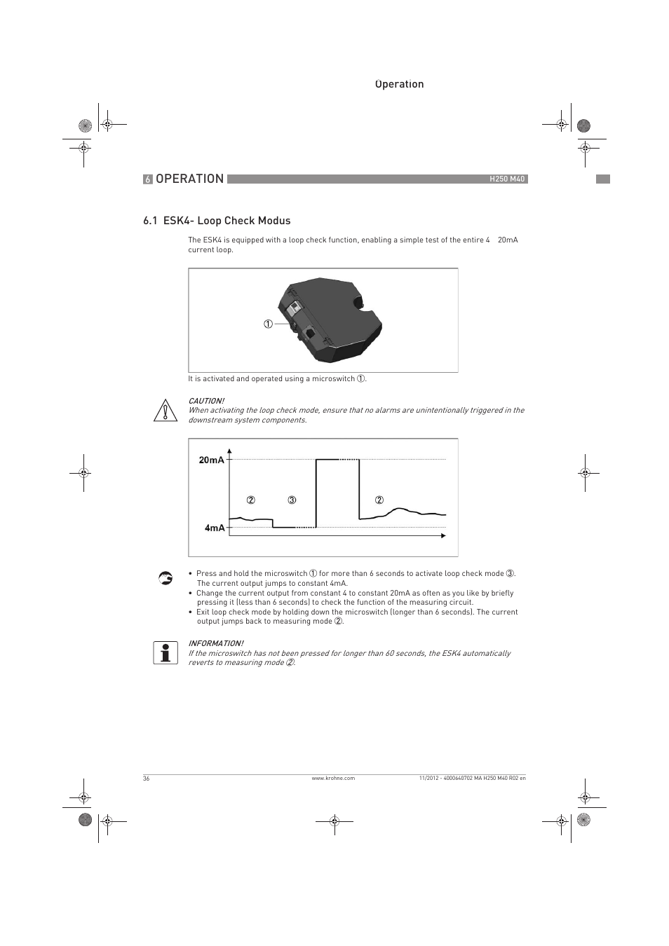 Operation, Operation 6.1 esk4- loop check modus | KROHNE H250 M40 EN User Manual | Page 36 / 80