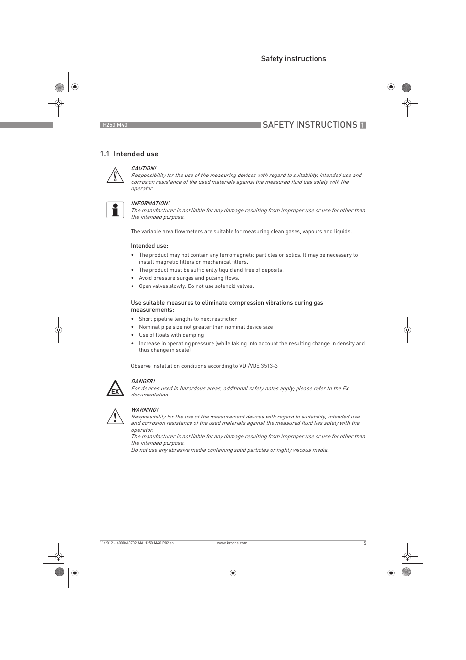 Safety instructions, Safety instructions 1.1 intended use | KROHNE H250 M40 EN User Manual | Page 5 / 80