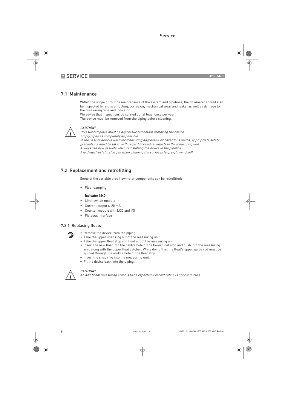 Service, Service 7.1 maintenance, 2 replacement and retrofitting | KROHNE H250 M40 EN User Manual | Page 54 / 80