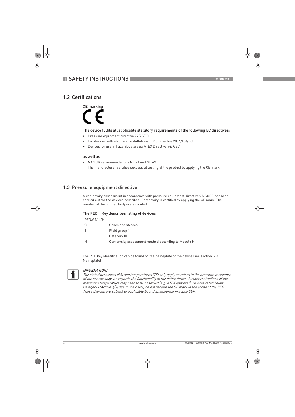 Safety instructions, 2 certifications, 3 pressure equipment directive | KROHNE H250 M40 EN User Manual | Page 6 / 80